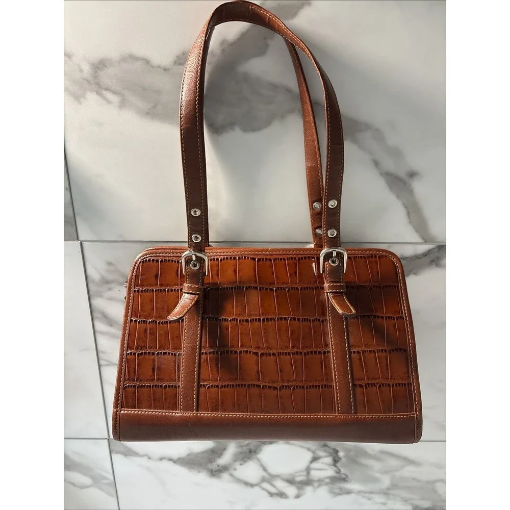 Vintage Y2K Brown Croc Embossed Shoulder Bag Western Heart Charms Top Handle